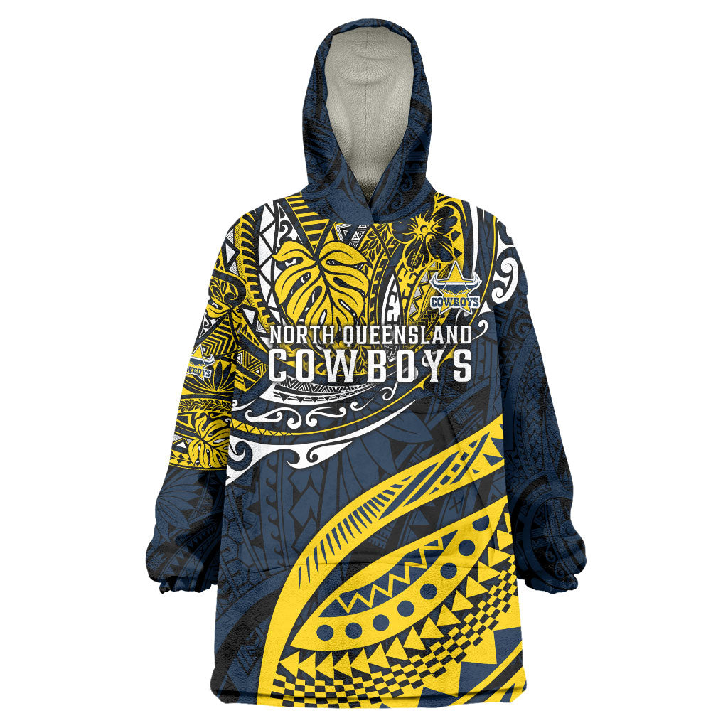 Personalised North Queensland Cowboys Wearable Blanket Hoodie Polynesian Tribal Art Style With Powerful Blue Heeler Mascot