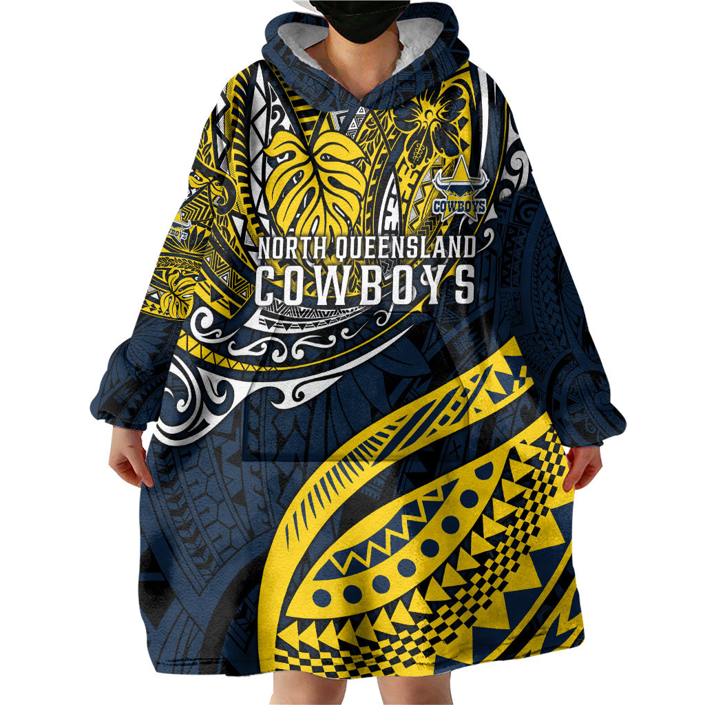 Personalised North Queensland Cowboys Wearable Blanket Hoodie Polynesian Tribal Art Style With Powerful Blue Heeler Mascot