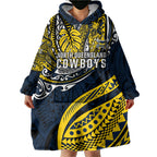 Personalised North Queensland Cowboys Wearable Blanket Hoodie Polynesian Tribal Art Style With Powerful Blue Heeler Mascot