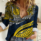 Personalised North Queensland Cowboys Women Casual Shirt Polynesian Tribal Art Style With Powerful Blue Heeler Mascot