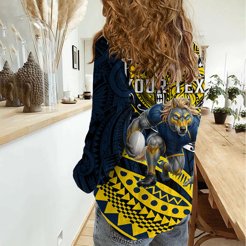 Personalised North Queensland Cowboys Women Casual Shirt Polynesian Tribal Art Style With Powerful Blue Heeler Mascot