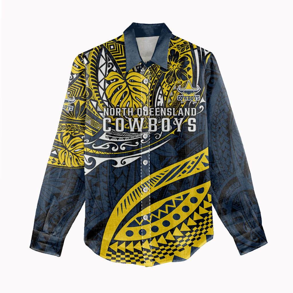 Personalised North Queensland Cowboys Women Casual Shirt Polynesian Tribal Art Style With Powerful Blue Heeler Mascot