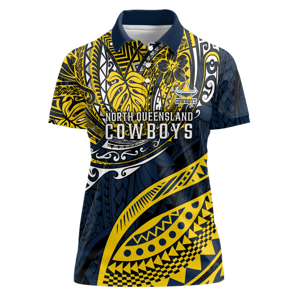Personalised North Queensland Cowboys Women Polo Shirt Polynesian Tribal Art Style With Powerful Blue Heeler Mascot