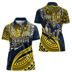 Personalised North Queensland Cowboys Women Polo Shirt Polynesian Tribal Art Style With Powerful Blue Heeler Mascot