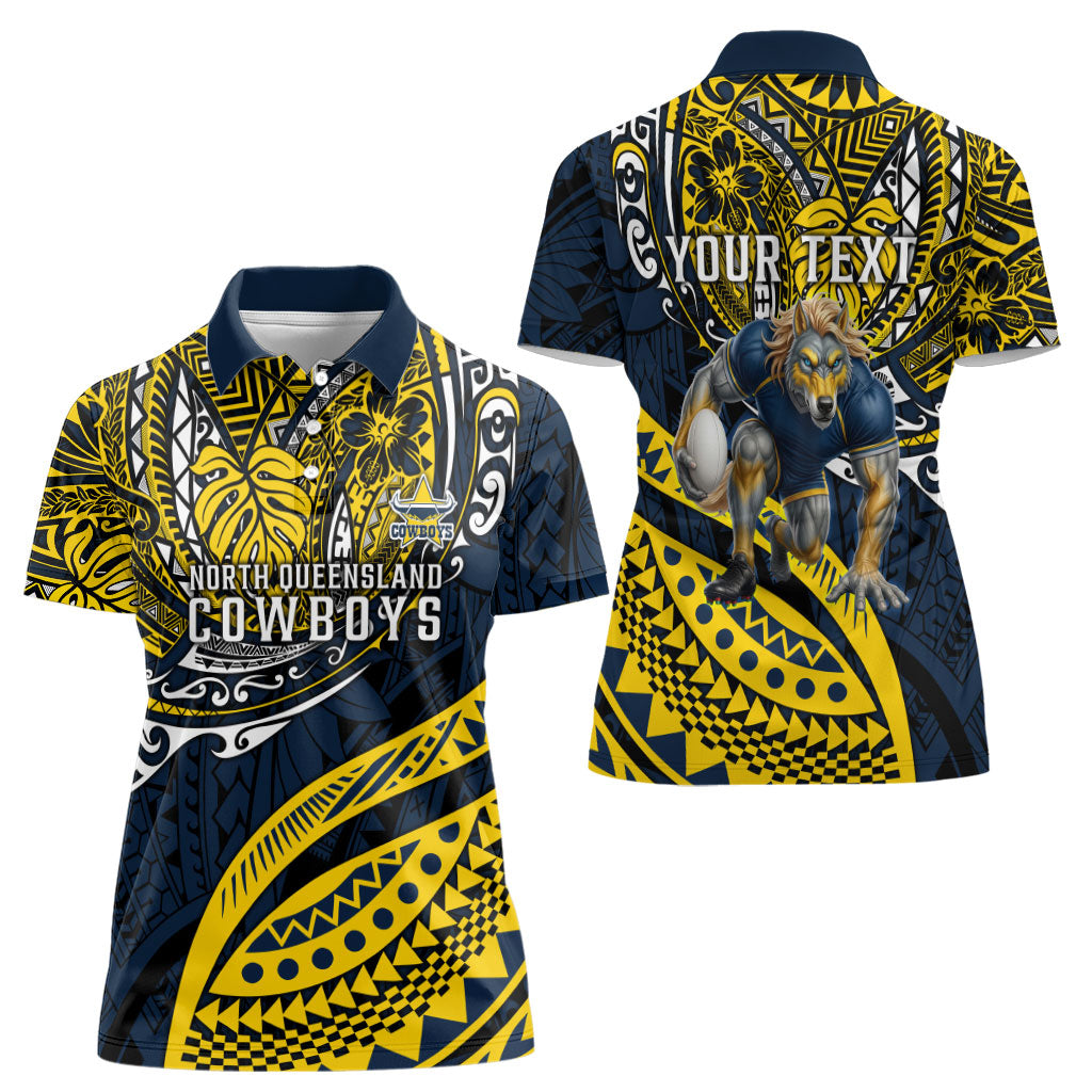 Personalised North Queensland Cowboys Women Polo Shirt Polynesian Tribal Art Style With Powerful Blue Heeler Mascot