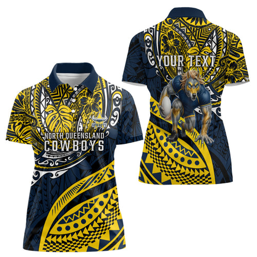 Personalised North Queensland Cowboys Women Polo Shirt Polynesian Tribal Art Style With Powerful Blue Heeler Mascot