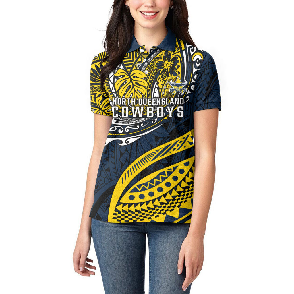 Personalised North Queensland Cowboys Women Polo Shirt Polynesian Tribal Art Style With Powerful Blue Heeler Mascot