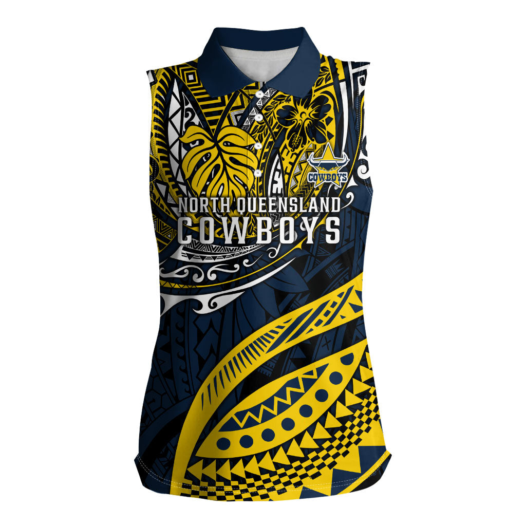 Personalised North Queensland Cowboys Women Sleeveless Polo Shirt Polynesian Tribal Art Style With Powerful Blue Heeler Mascot