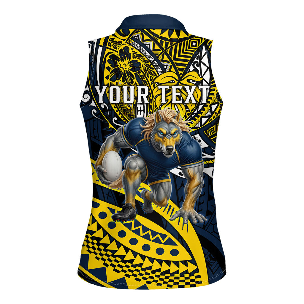 Personalised North Queensland Cowboys Women Sleeveless Polo Shirt Polynesian Tribal Art Style With Powerful Blue Heeler Mascot