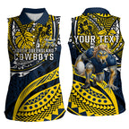 Personalised North Queensland Cowboys Women Sleeveless Polo Shirt Polynesian Tribal Art Style With Powerful Blue Heeler Mascot