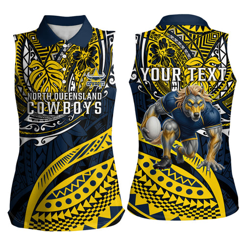 Personalised North Queensland Cowboys Women Sleeveless Polo Shirt Polynesian Tribal Art Style With Powerful Blue Heeler Mascot