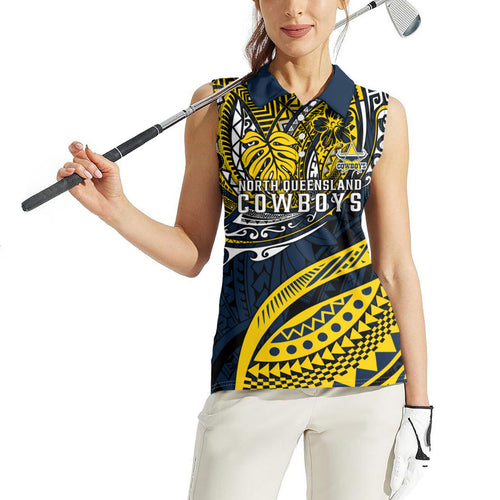 Personalised North Queensland Cowboys Women Sleeveless Polo Shirt Polynesian Tribal Art Style With Powerful Blue Heeler Mascot