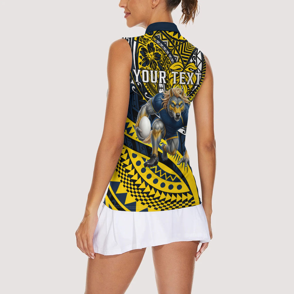 Personalised North Queensland Cowboys Women Sleeveless Polo Shirt Polynesian Tribal Art Style With Powerful Blue Heeler Mascot