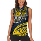 Personalised North Queensland Cowboys Women Sleeveless Polo Shirt Polynesian Tribal Art Style With Powerful Blue Heeler Mascot