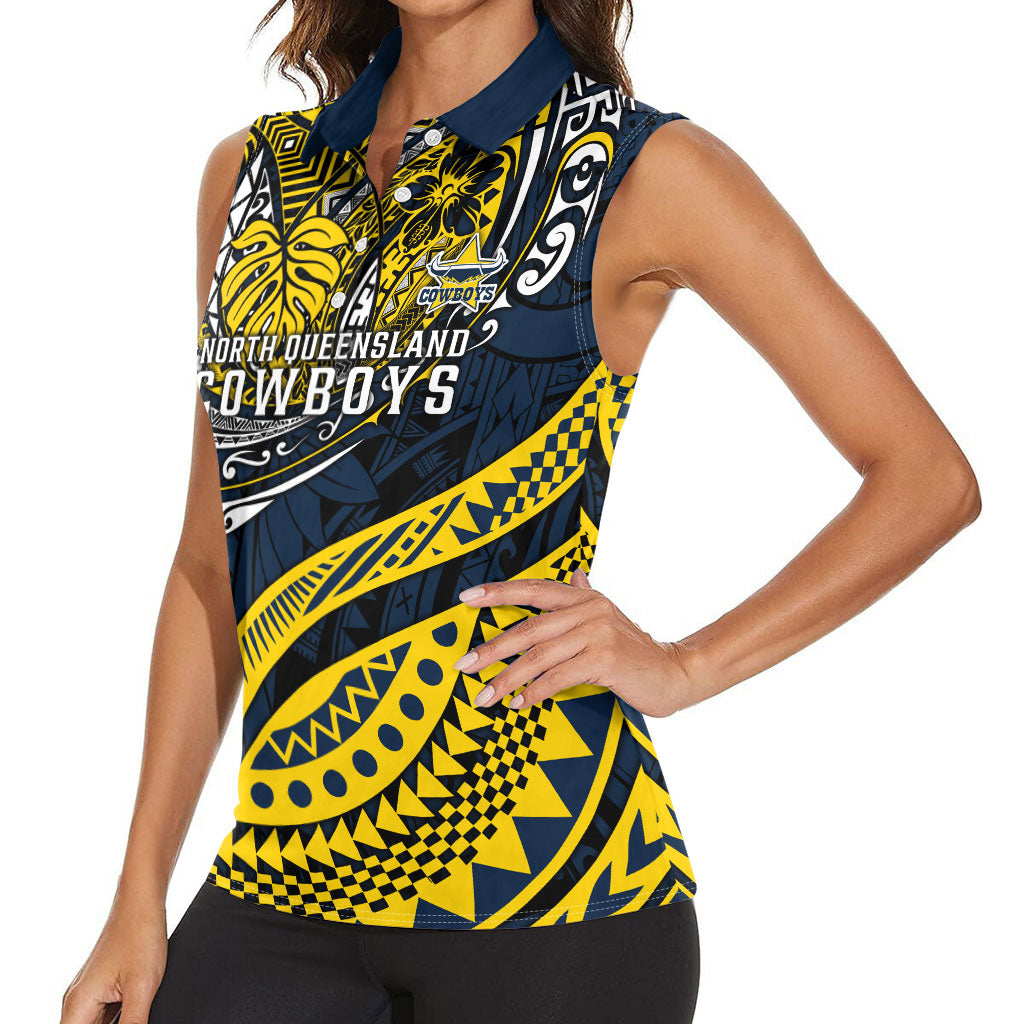Personalised North Queensland Cowboys Women Sleeveless Polo Shirt Polynesian Tribal Art Style With Powerful Blue Heeler Mascot