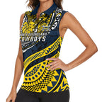 Personalised North Queensland Cowboys Women Sleeveless Polo Shirt Polynesian Tribal Art Style With Powerful Blue Heeler Mascot