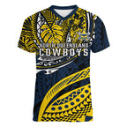 Personalised North Queensland Cowboys Women V-Neck T-Shirt Polynesian Tribal Art Style With Powerful Blue Heeler Mascot