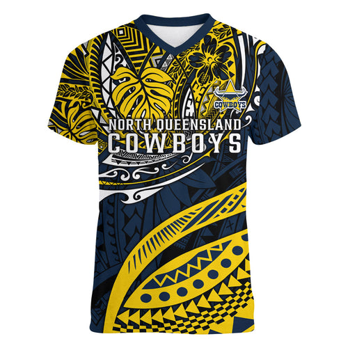 Personalised North Queensland Cowboys Women V-Neck T-Shirt Polynesian Tribal Art Style With Powerful Blue Heeler Mascot