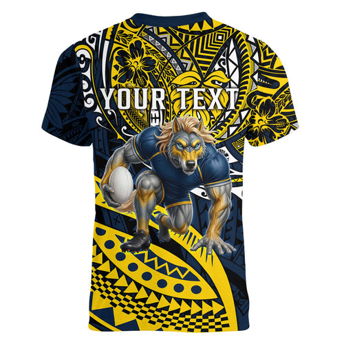 Personalised North Queensland Cowboys Women V-Neck T-Shirt Polynesian Tribal Art Style With Powerful Blue Heeler Mascot