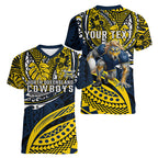 Personalised North Queensland Cowboys Women V-Neck T-Shirt Polynesian Tribal Art Style With Powerful Blue Heeler Mascot