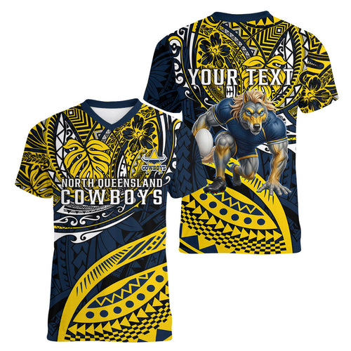 Personalised North Queensland Cowboys Women V-Neck T-Shirt Polynesian Tribal Art Style With Powerful Blue Heeler Mascot