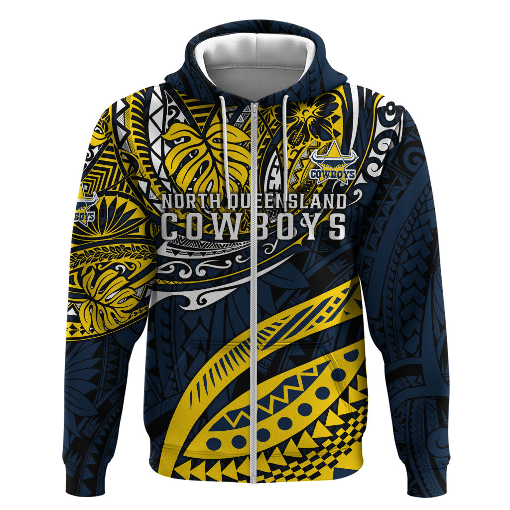 Personalised North Queensland Cowboys Zip Hoodie Polynesian Tribal Art Style With Powerful Blue Heeler Mascot