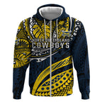 Personalised North Queensland Cowboys Zip Hoodie Polynesian Tribal Art Style With Powerful Blue Heeler Mascot