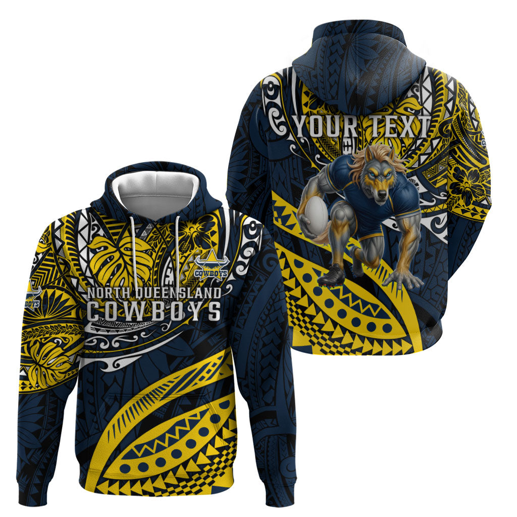 Personalised North Queensland Cowboys Zip Hoodie Polynesian Tribal Art Style With Powerful Blue Heeler Mascot