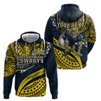 Personalised North Queensland Cowboys Zip Hoodie Polynesian Tribal Art Style With Powerful Blue Heeler Mascot