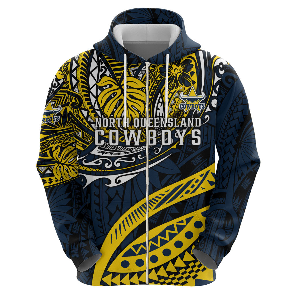 Personalised North Queensland Cowboys Zip Hoodie Polynesian Tribal Art Style With Powerful Blue Heeler Mascot