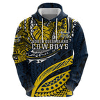 Personalised North Queensland Cowboys Zip Hoodie Polynesian Tribal Art Style With Powerful Blue Heeler Mascot