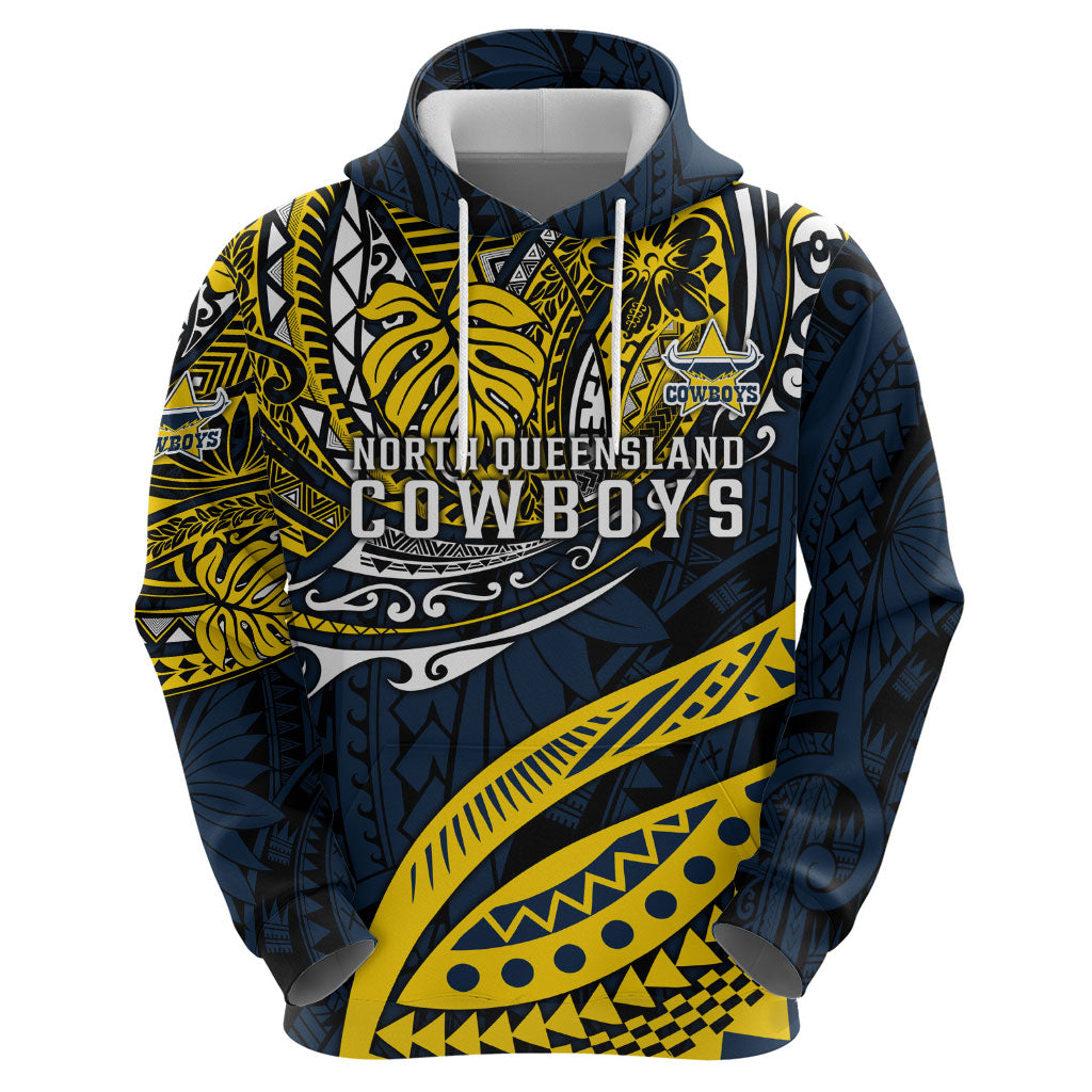 Personalised North Queensland Cowboys Zip Hoodie Polynesian Tribal Art Style With Powerful Blue Heeler Mascot