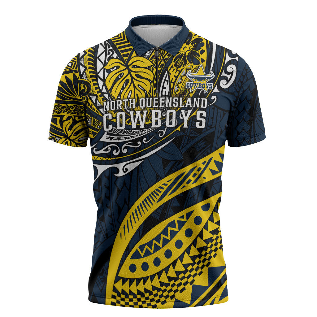 Personalised North Queensland Cowboys Zipper Polo Shirt Polynesian Tribal Art Style With Powerful Blue Heeler Mascot