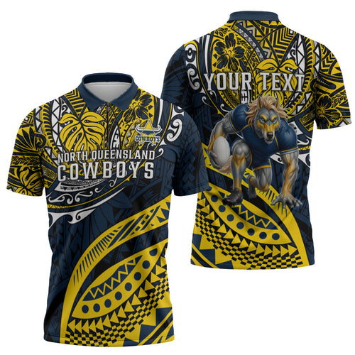 Personalised North Queensland Cowboys Zipper Polo Shirt Polynesian Tribal Art Style With Powerful Blue Heeler Mascot