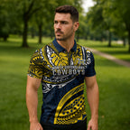 Personalised North Queensland Cowboys Zipper Polo Shirt Polynesian Tribal Art Style With Powerful Blue Heeler Mascot