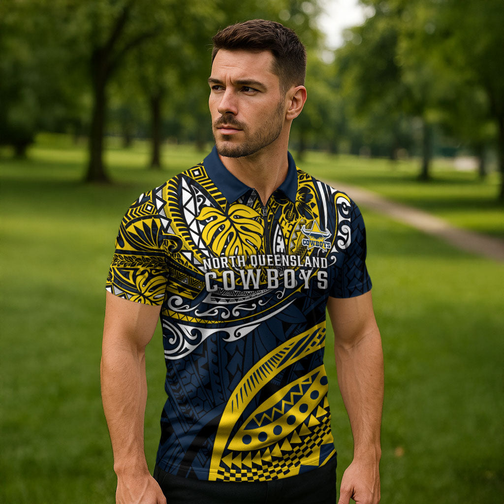 Personalised North Queensland Cowboys Zipper Polo Shirt Polynesian Tribal Art Style With Powerful Blue Heeler Mascot