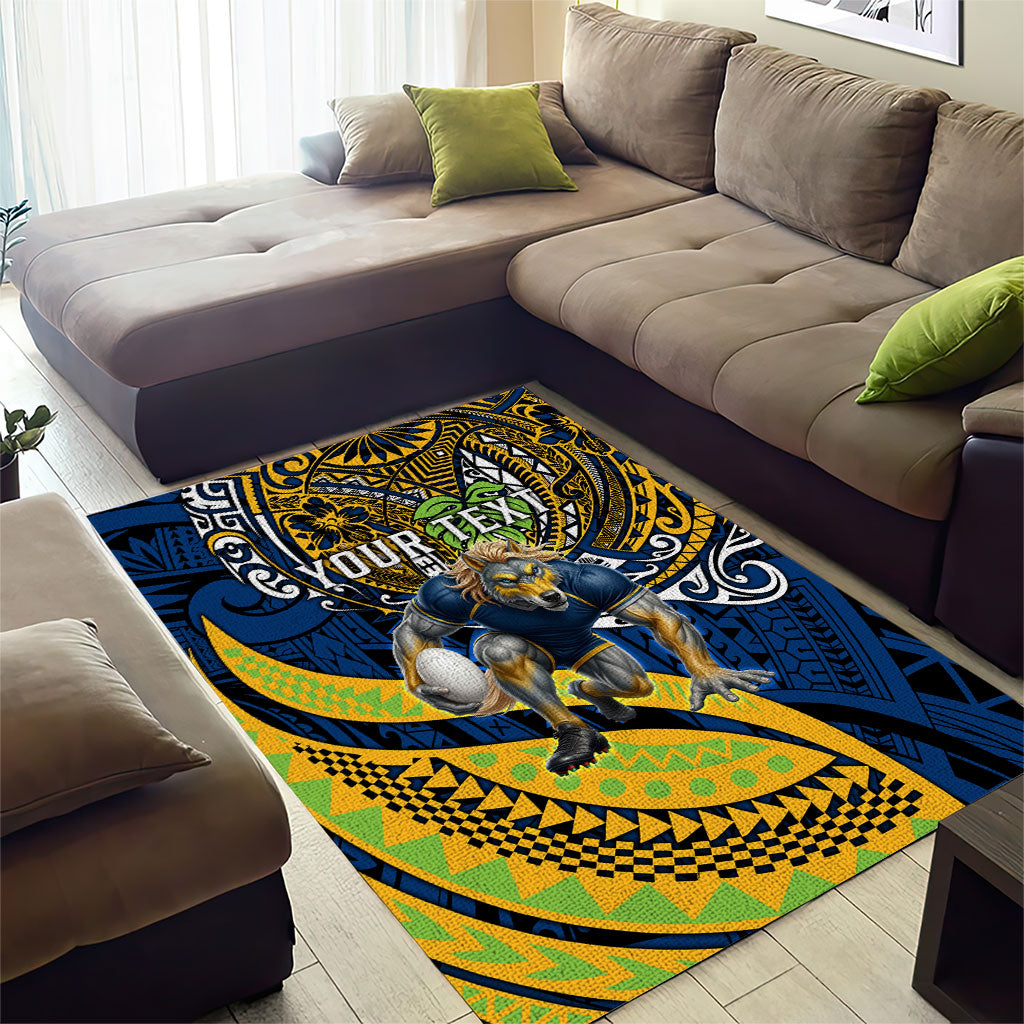 Personalised Parramatta Eels Area Rug Polynesian Tribal Art Style With Muscular Eel Mascot