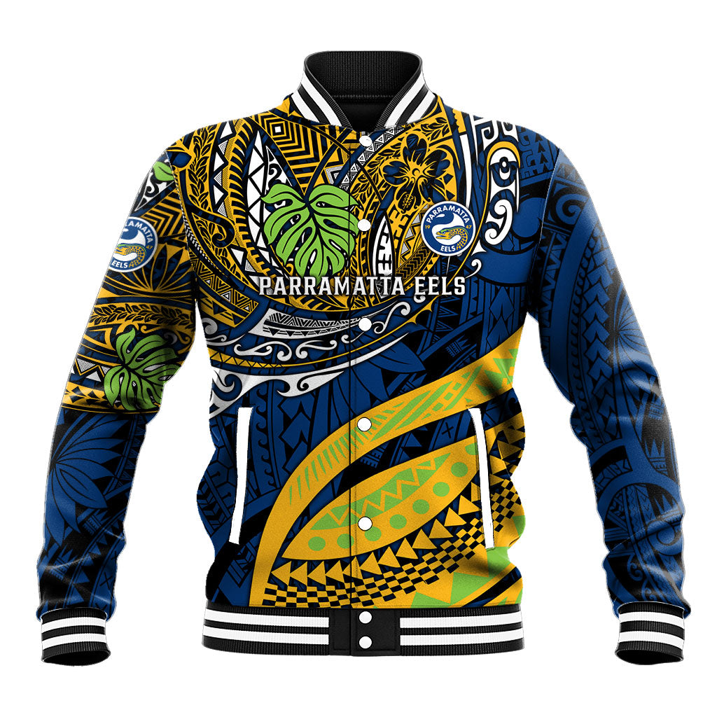 Personalised Parramatta Eels Baseball Jacket Polynesian Tribal Art Style With Muscular Eel Mascot