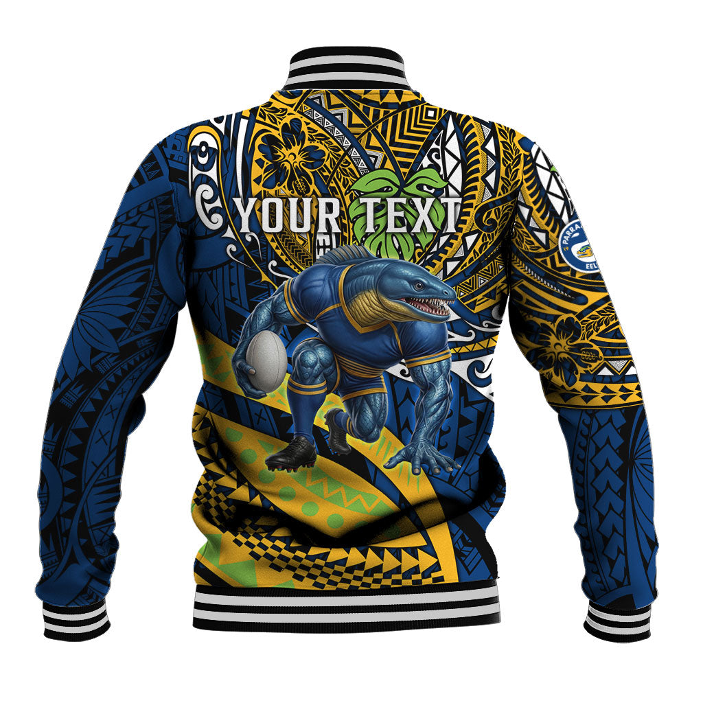 Personalised Parramatta Eels Baseball Jacket Polynesian Tribal Art Style With Muscular Eel Mascot