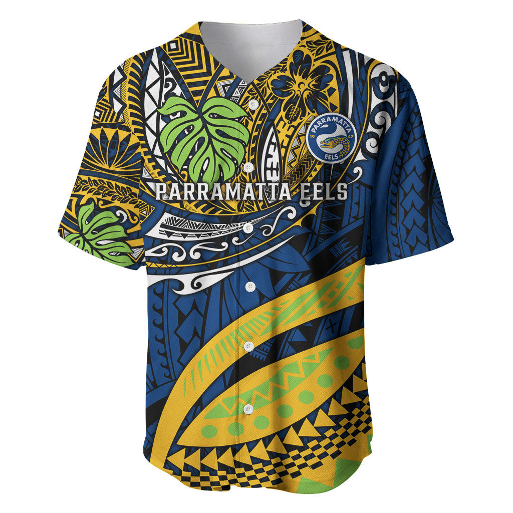Personalised Parramatta Eels Baseball Jersey Polynesian Tribal Art Style With Muscular Eel Mascot