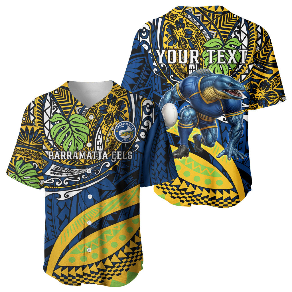 Personalised Parramatta Eels Baseball Jersey Polynesian Tribal Art Style With Muscular Eel Mascot