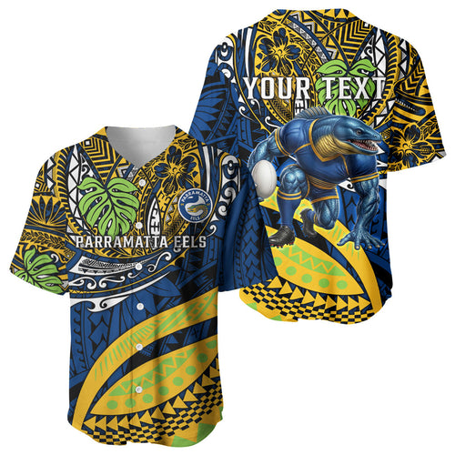 Personalised Parramatta Eels Baseball Jersey Polynesian Tribal Art Style With Muscular Eel Mascot