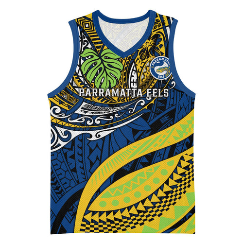 Personalised Parramatta Eels Basketball Jersey Polynesian Tribal Art Style With Muscular Eel Mascot