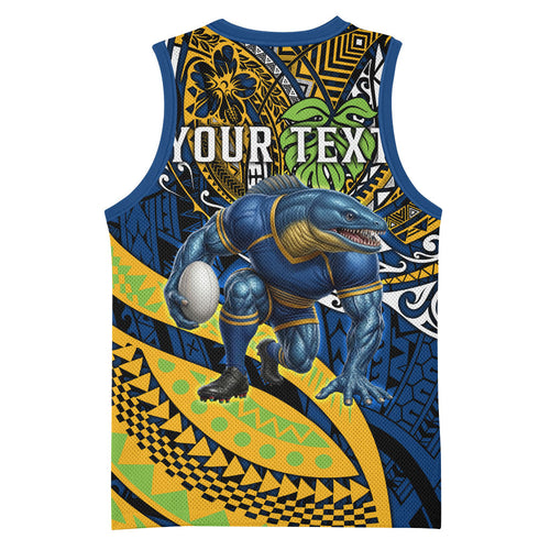 Personalised Parramatta Eels Basketball Jersey Polynesian Tribal Art Style With Muscular Eel Mascot