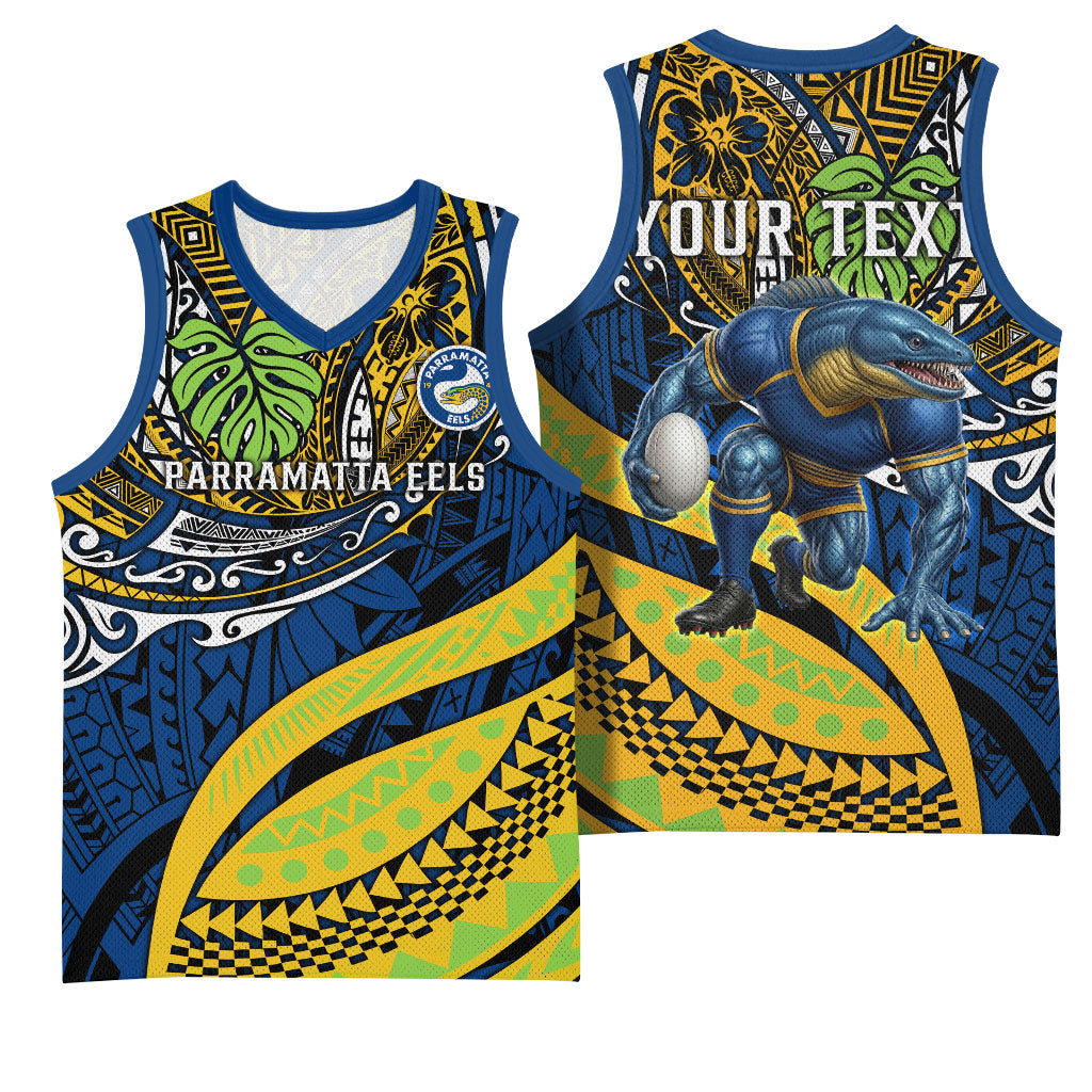 Personalised Parramatta Eels Basketball Jersey Polynesian Tribal Art Style With Muscular Eel Mascot