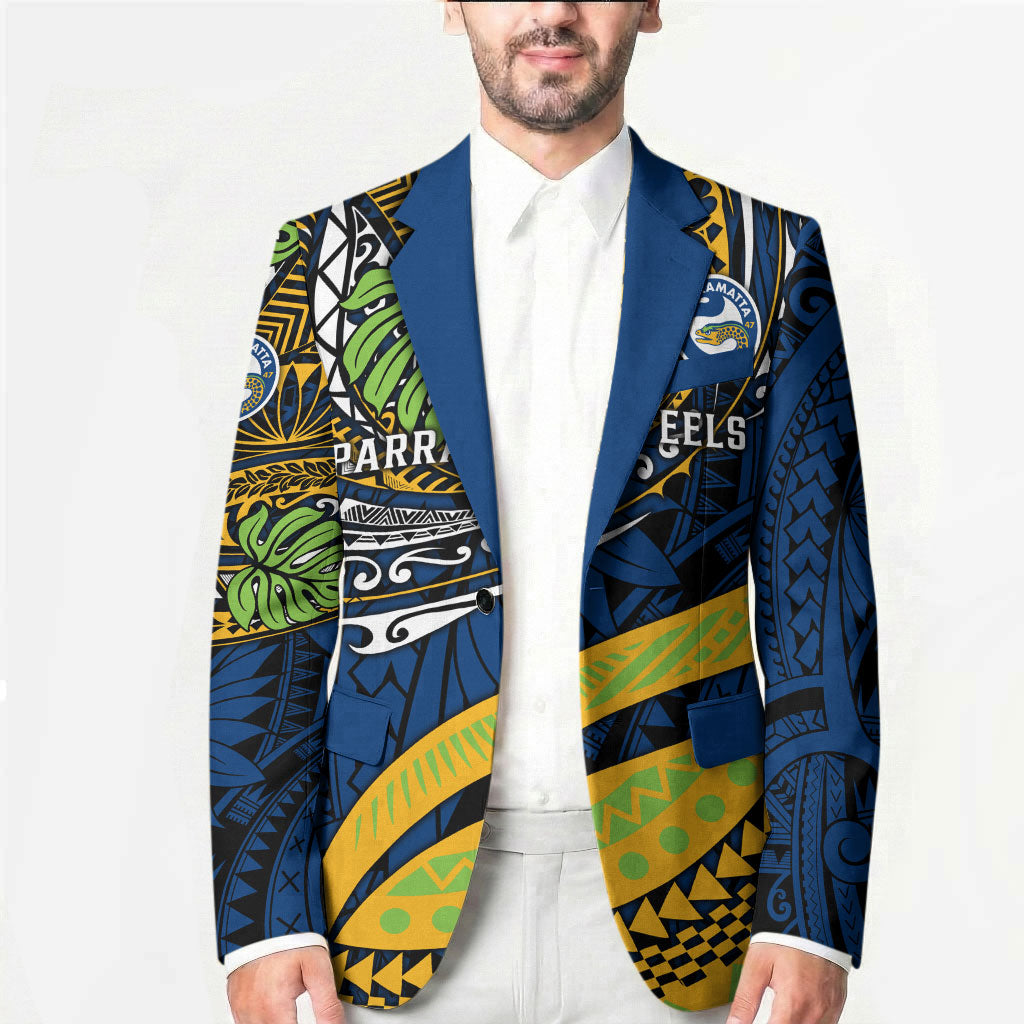 Personalised Parramatta Eels Blazer Polynesian Tribal Art Style With Muscular Eel Mascot