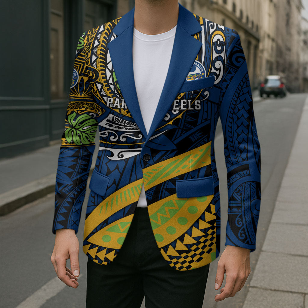 Personalised Parramatta Eels Blazer Polynesian Tribal Art Style With Muscular Eel Mascot