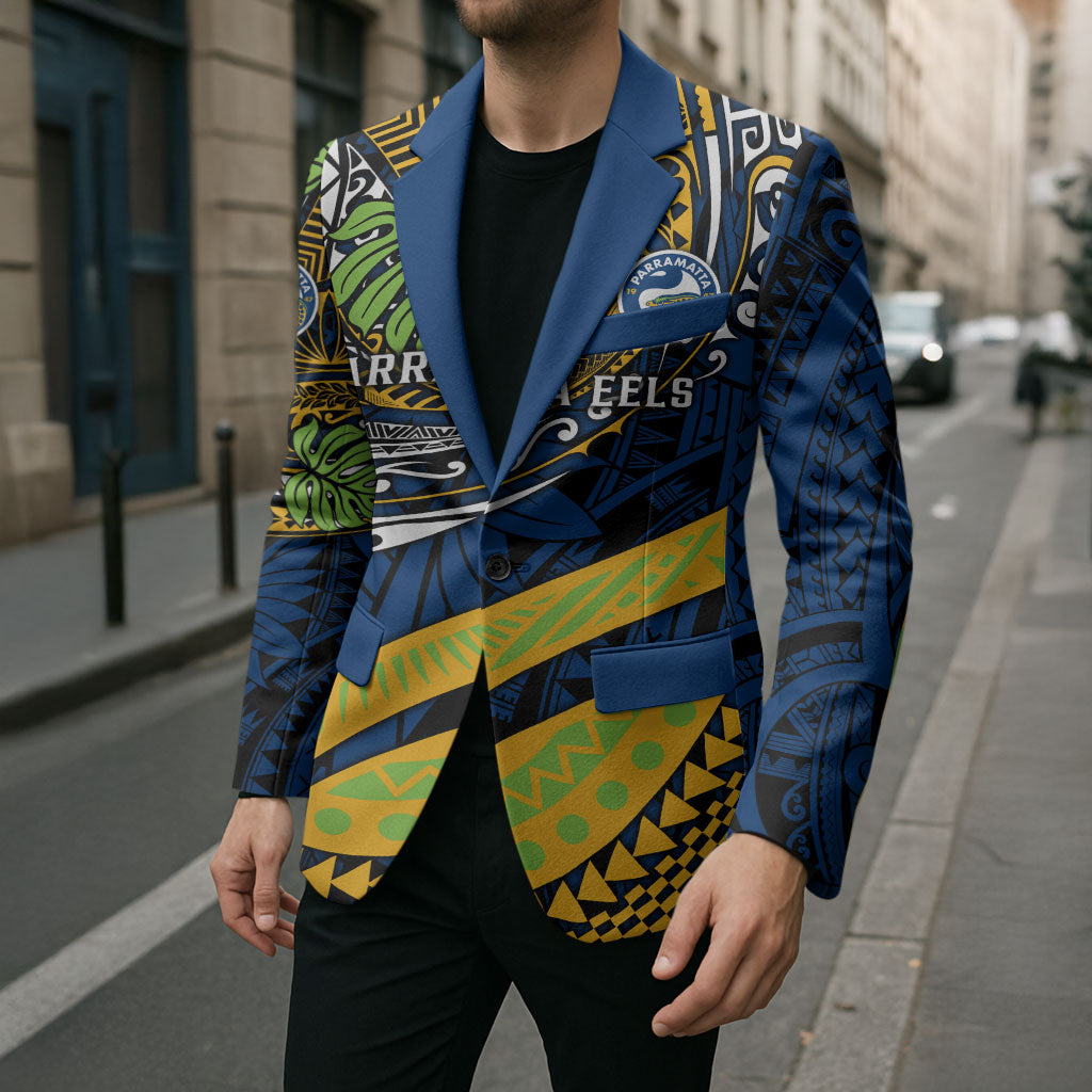 Personalised Parramatta Eels Blazer Polynesian Tribal Art Style With Muscular Eel Mascot