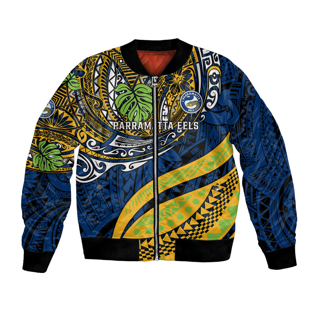 Personalised Parramatta Eels Bomber Jacket Polynesian Tribal Art Style With Muscular Eel Mascot