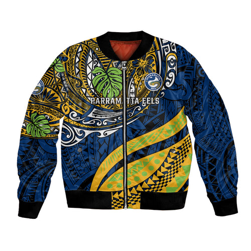 Personalised Parramatta Eels Bomber Jacket Polynesian Tribal Art Style With Muscular Eel Mascot